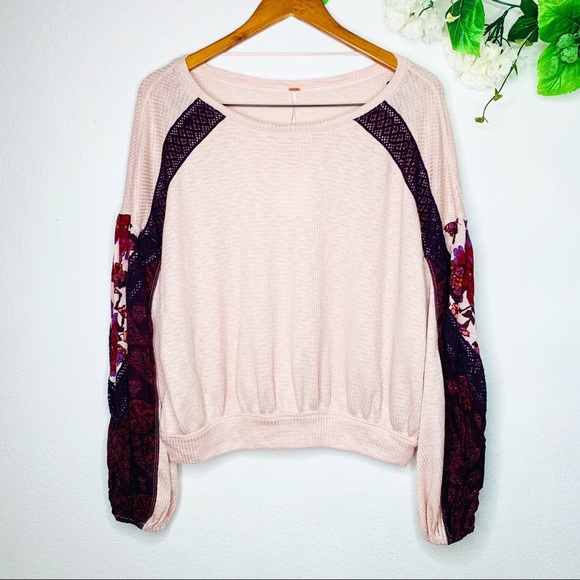 Free People Rose Combo Ballon Sleeves Thermal Top - Picture 2 of 7